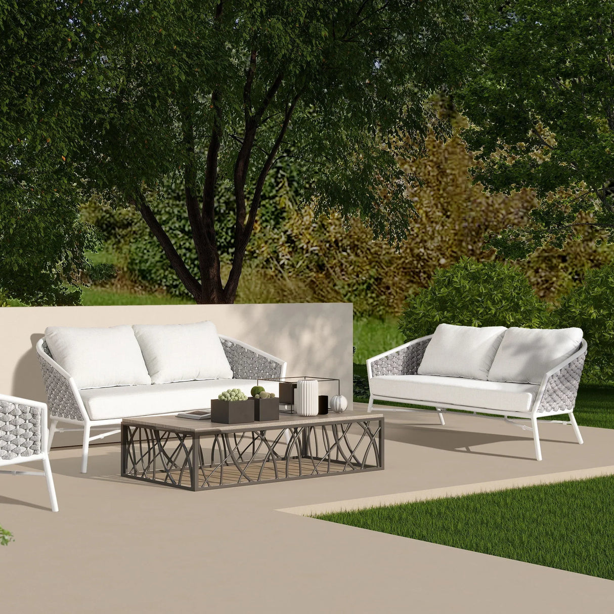 Rowan - Rope Barrel Back Patio Conversation Loveseat Sofa - Optic White - Furniture Home Direct