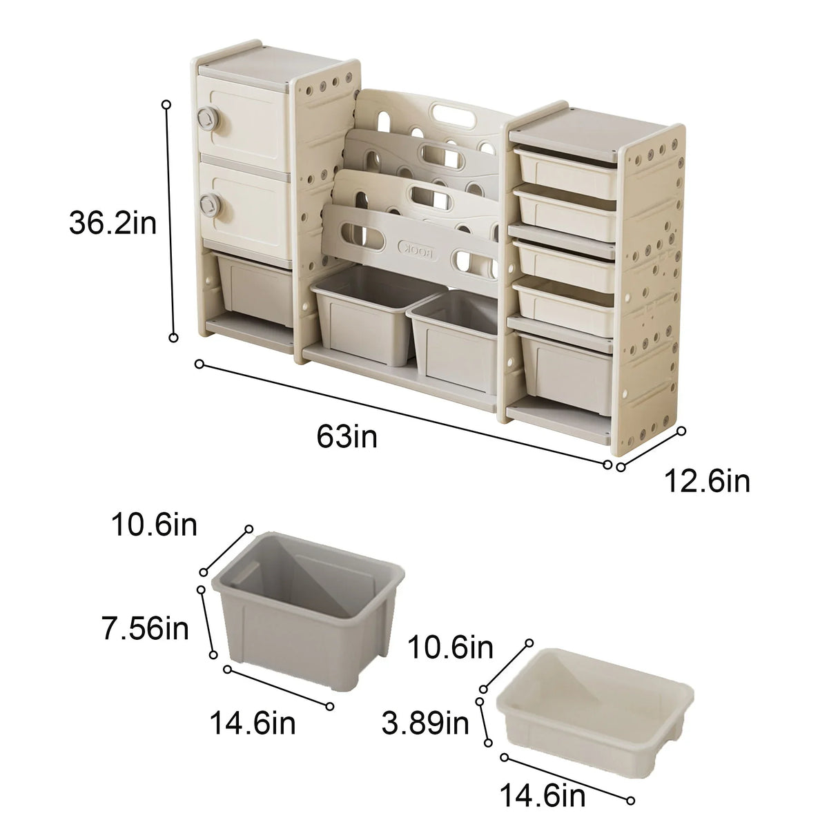 Kids Toy Storage Organizer With 8 Removable Toy Bins, 4 Tier Bookshelf, And 2 Cabinet Storage - Gray / Ivory - Furniture Home Direct
