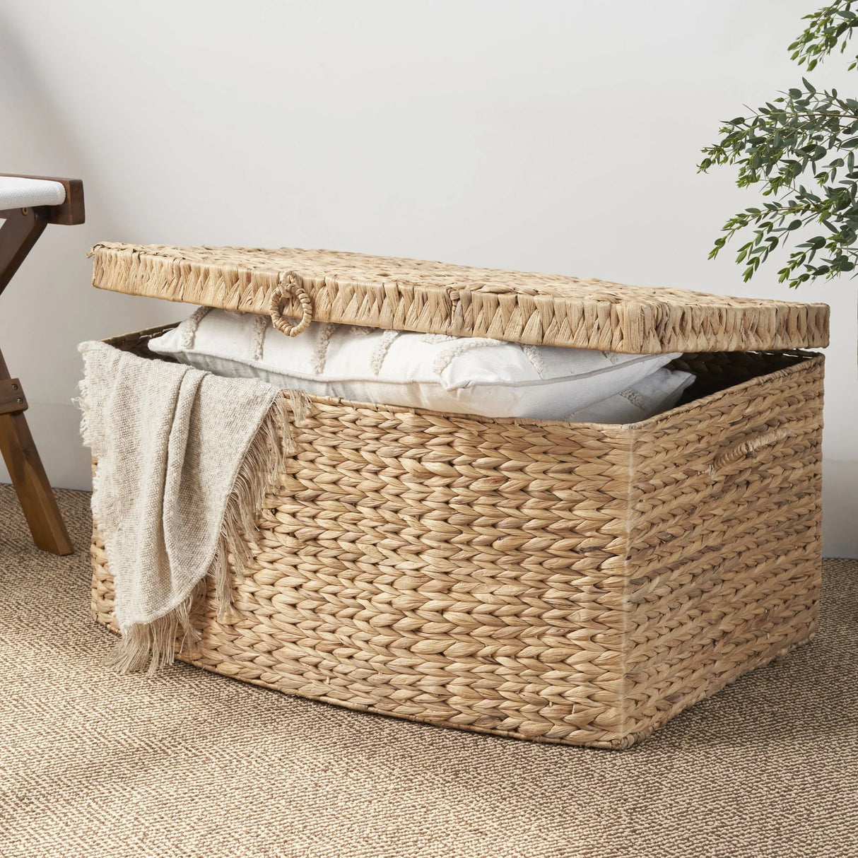 Rectangular Curve Water Hyacinth Woven Wicker Trunk With Handles For Clothes Toys Magazines And Book Storage - Natural / Light Brown - Furniture Home Direct