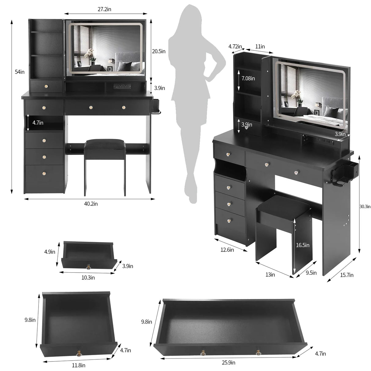 Vanity Desk With Cushioned Stool And Mirror Set Black - Furniture Home Direct