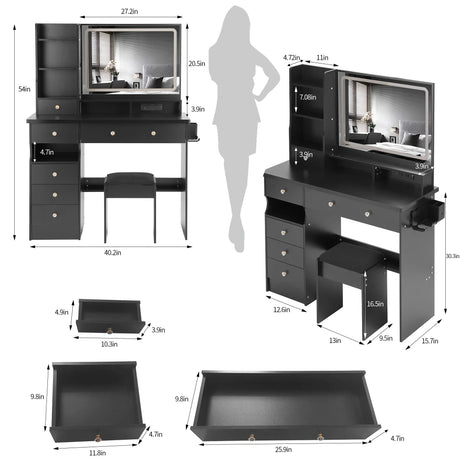 Vanity Desk With Cushioned Stool And Mirror Set Black - Furniture Home Direct