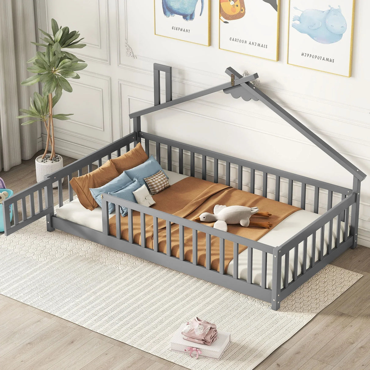 House-Shaped Bedside Floor Bed With Guardrails, Slats, With Door - Furniture Home Direct