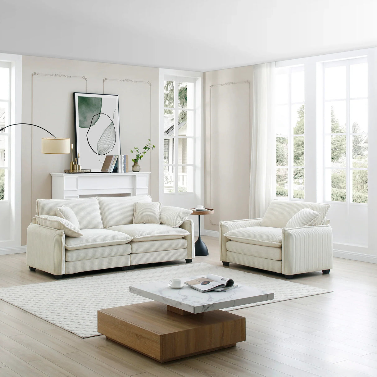 Modern Corduroy Loveseat and Chair - Beige - Furniture Home Direct