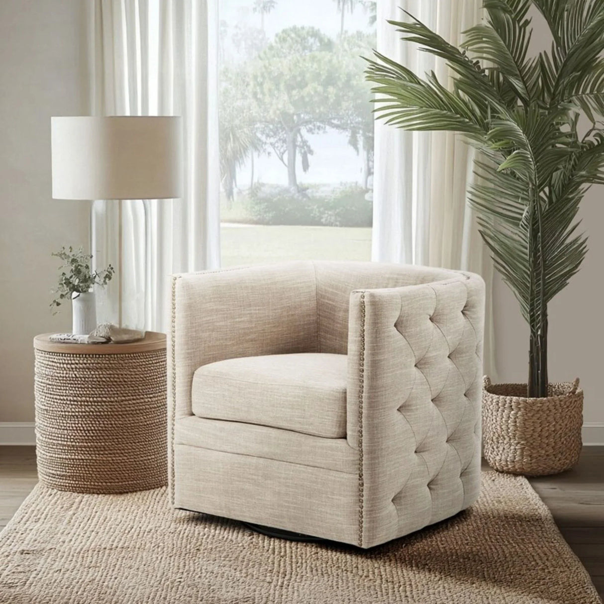 Swivel Chair With Tufted Barrel Design And Nailhead Accents - Furniture Home Direct