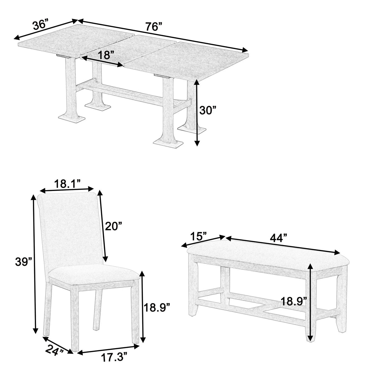 Topmax - 6 Piece Farmhouse Extendable Dining Table Set Trestle Kitchen Table Set With Removable Leaf And Upholstered Dining Chair And Bench For Dining Room - Furniture Home Direct