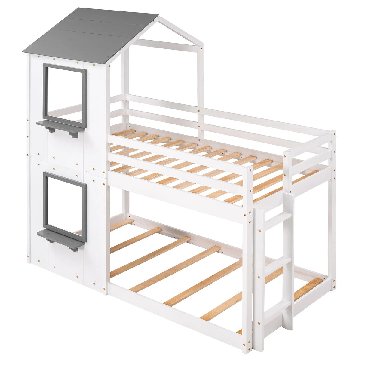 Bunk Bed Wood Bed & Roof, Window, Guardrail, Ladder - Furniture Home Direct