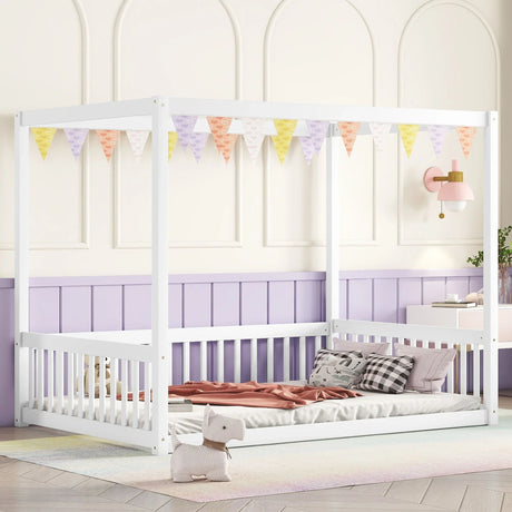 Canopy Frame Floor Bed With Fence, Guardrails - Furniture Home Direct