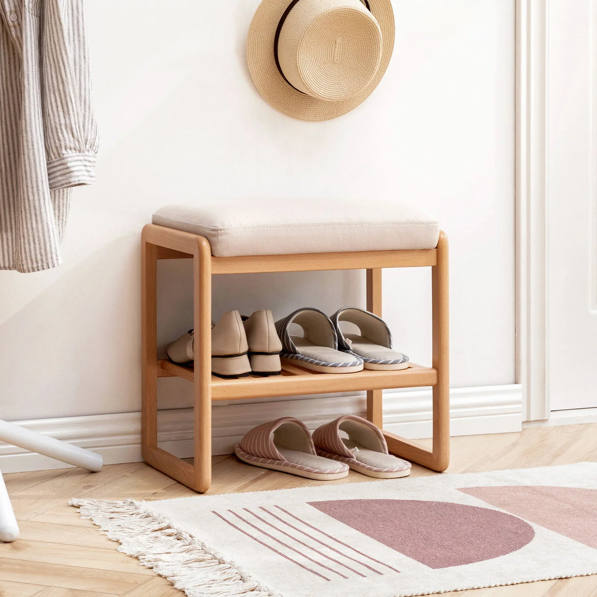 Shoe Bench, Beech Wood Storage Rack Organizer With High Rebound Sponge Cushion - Natural - Furniture Home Direct