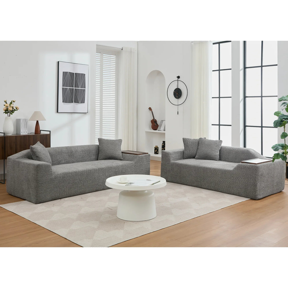 2 Piece Boucle Cloud Living Room Set with 2 Trays - Dark Gray - Furniture Home Direct