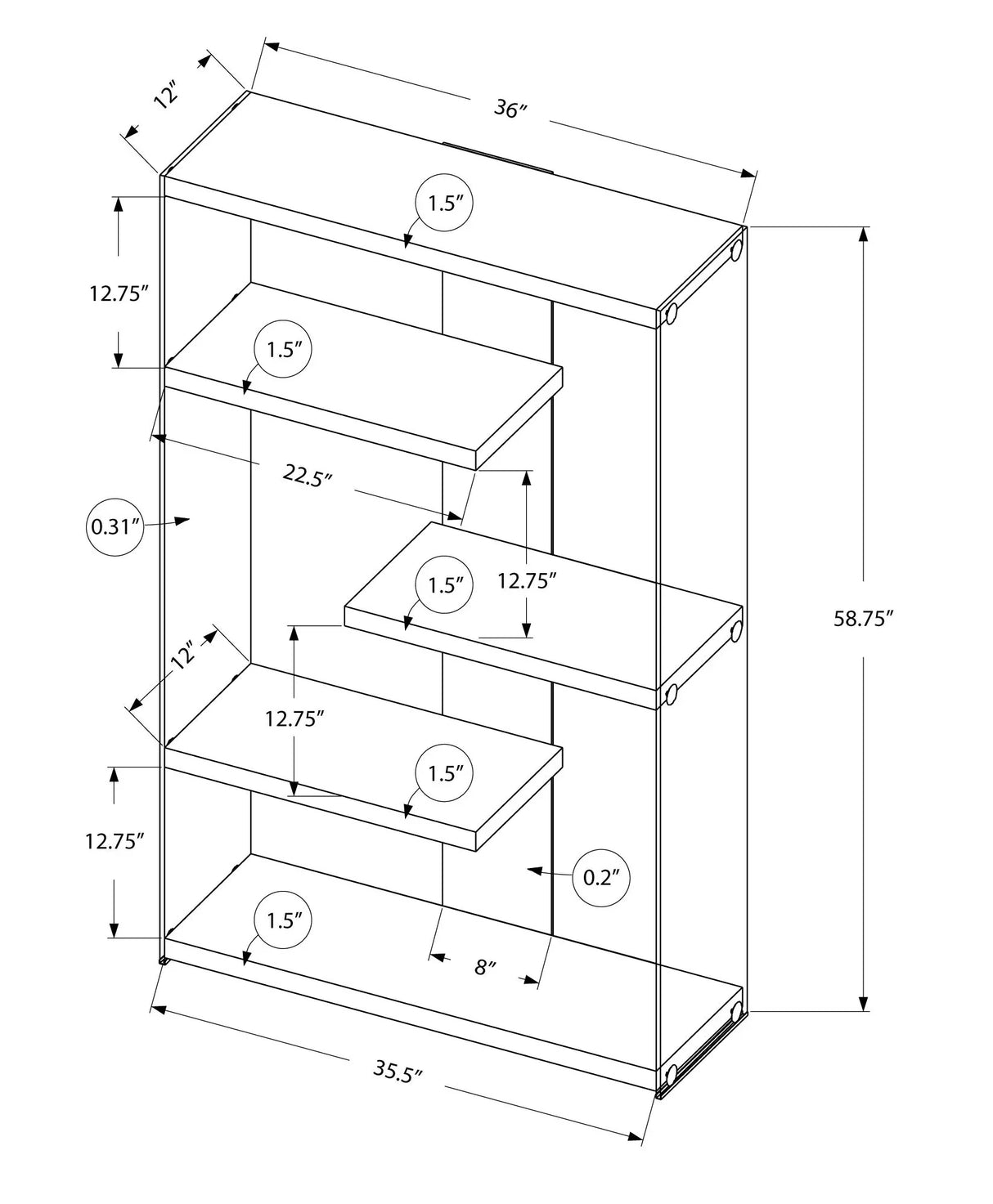 Bookshelf, Bookcase, Etagere, 5 Tier, Office, Glossy Contemporary & Modern - White - Furniture Home Direct