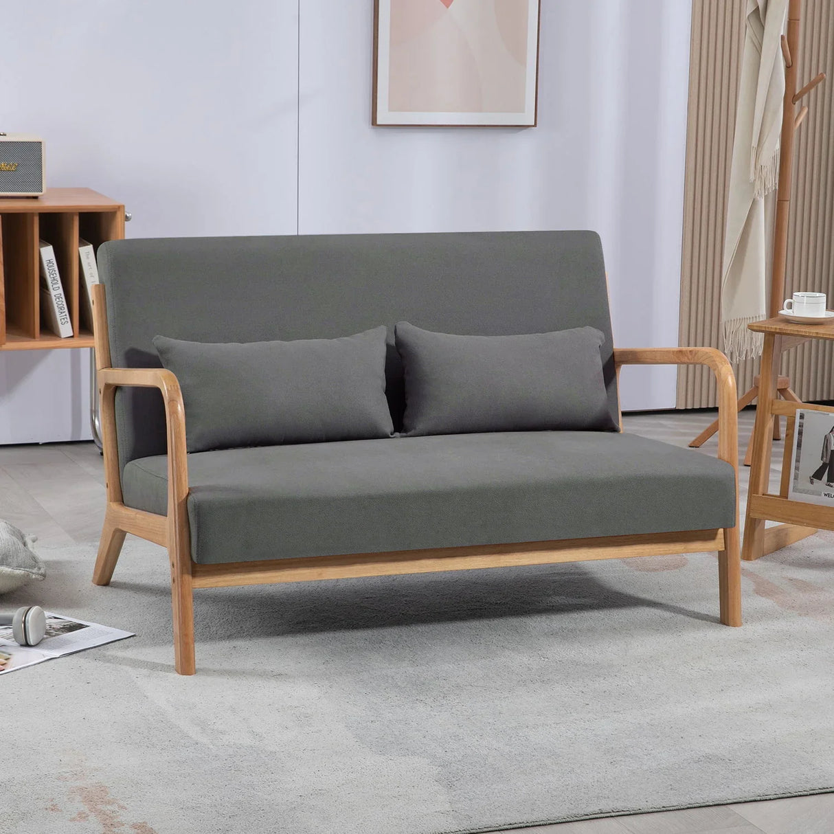 Leisure Chair With Solid Wood Armrest And Feet, Mid-Century Modern Accent Sofa, 2 Seat - Furniture Home Direct