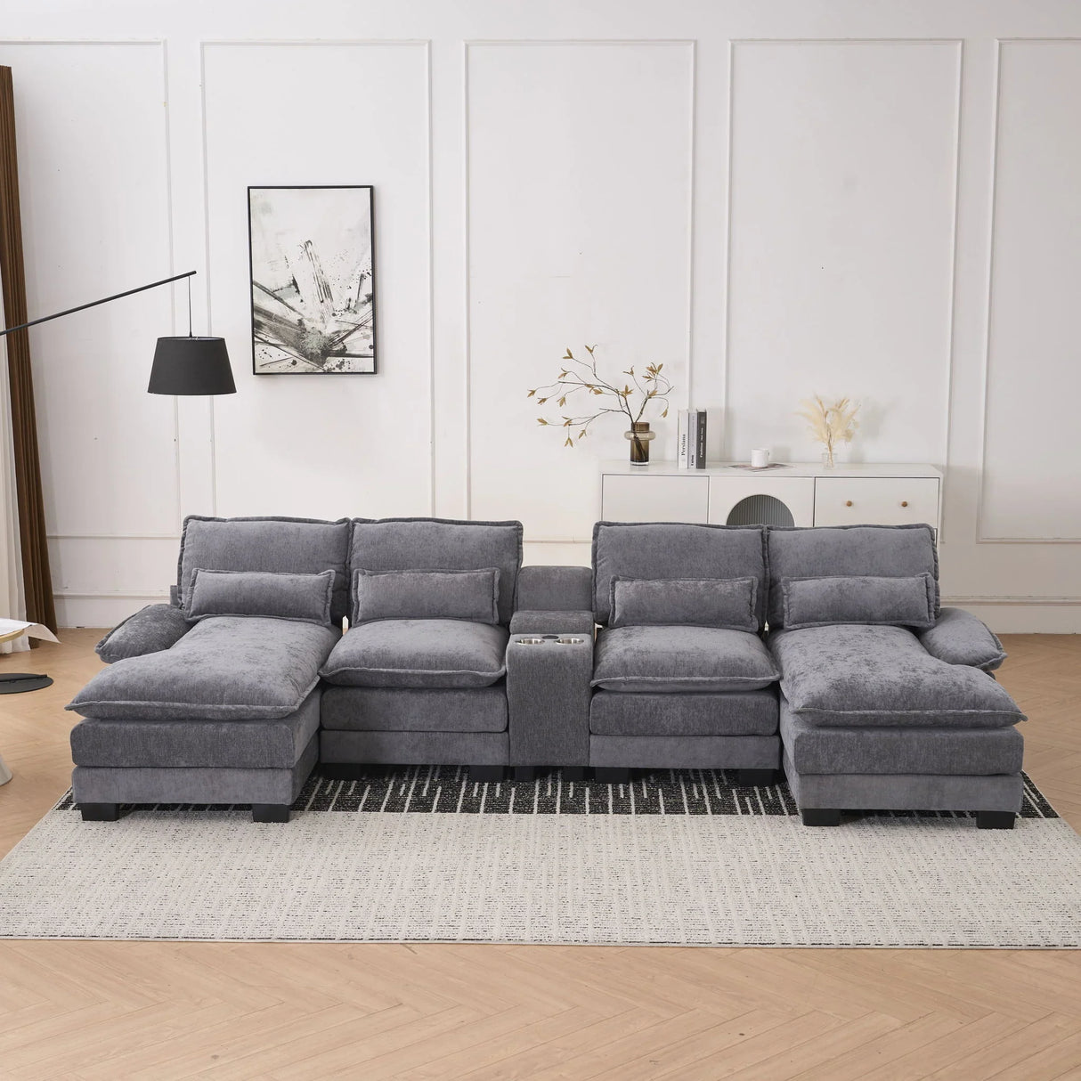 U Shaped Sofa With Console, Cupholders, USB Ports, 6 Seat, Bronzing Suede & Chenille - Furniture Home Direct