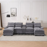 U Shaped Sofa With Console, Cupholders, USB Ports, 6 Seat, Bronzing Suede & Chenille - Furniture Home Direct
