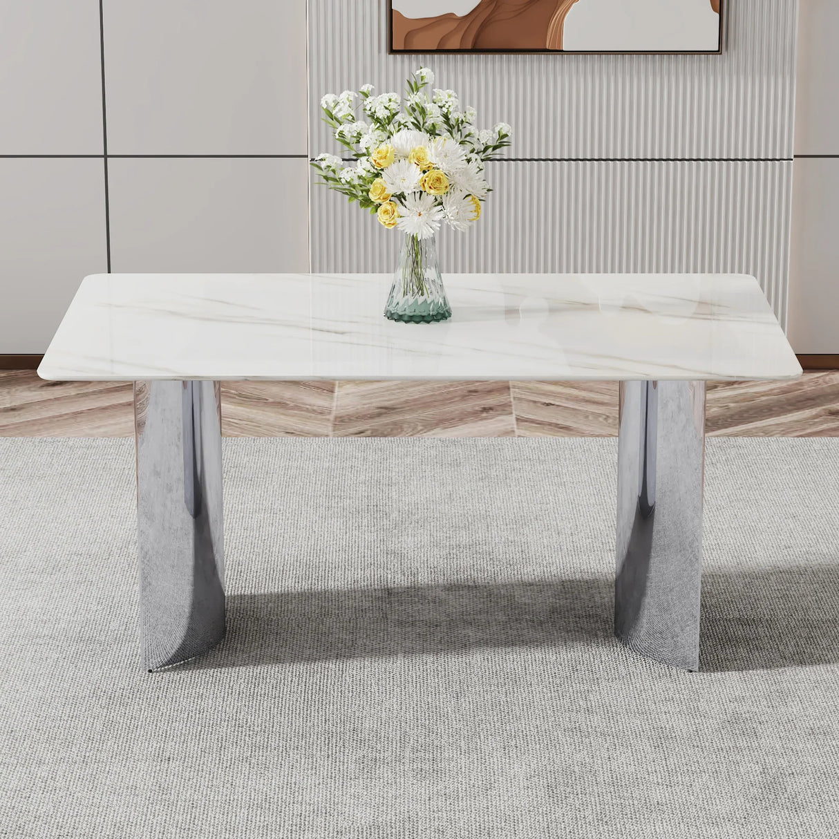 Dining Table Modern Faux Marble Top Chrome Base White - Furniture Home Direct
