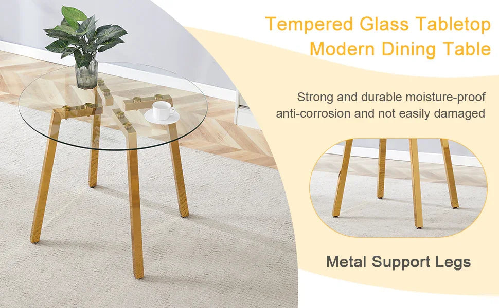 Dining Table Round Glass Top With Metal Base Finish Gold - Furniture Home Direct