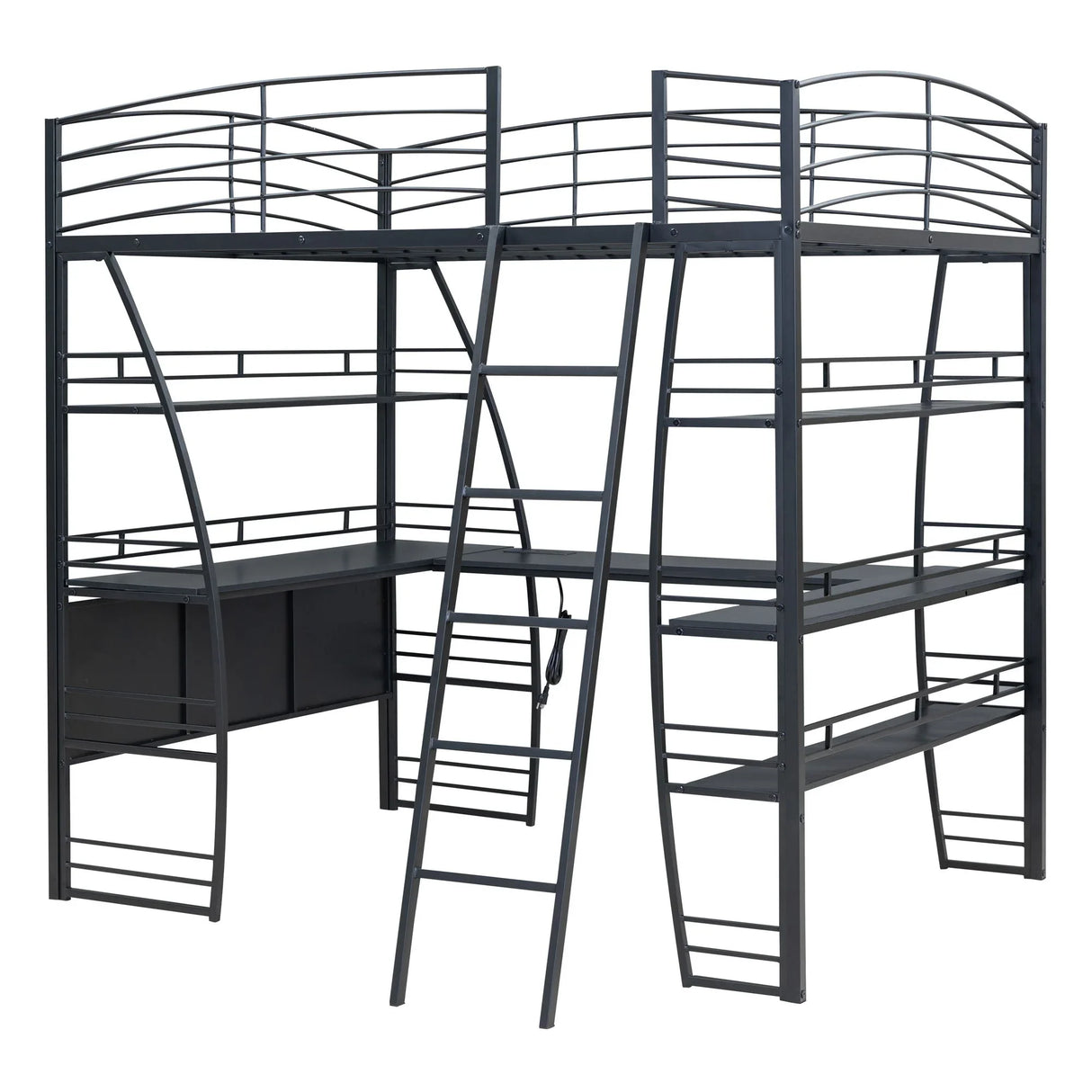 Loft Bed With 4 Layers Of Shelves And L-Shaped Desk, Stylish Metal Frame Bed With A Set Of Sockets, USB Ports And And Wireless Charging - Furniture Home Direct
