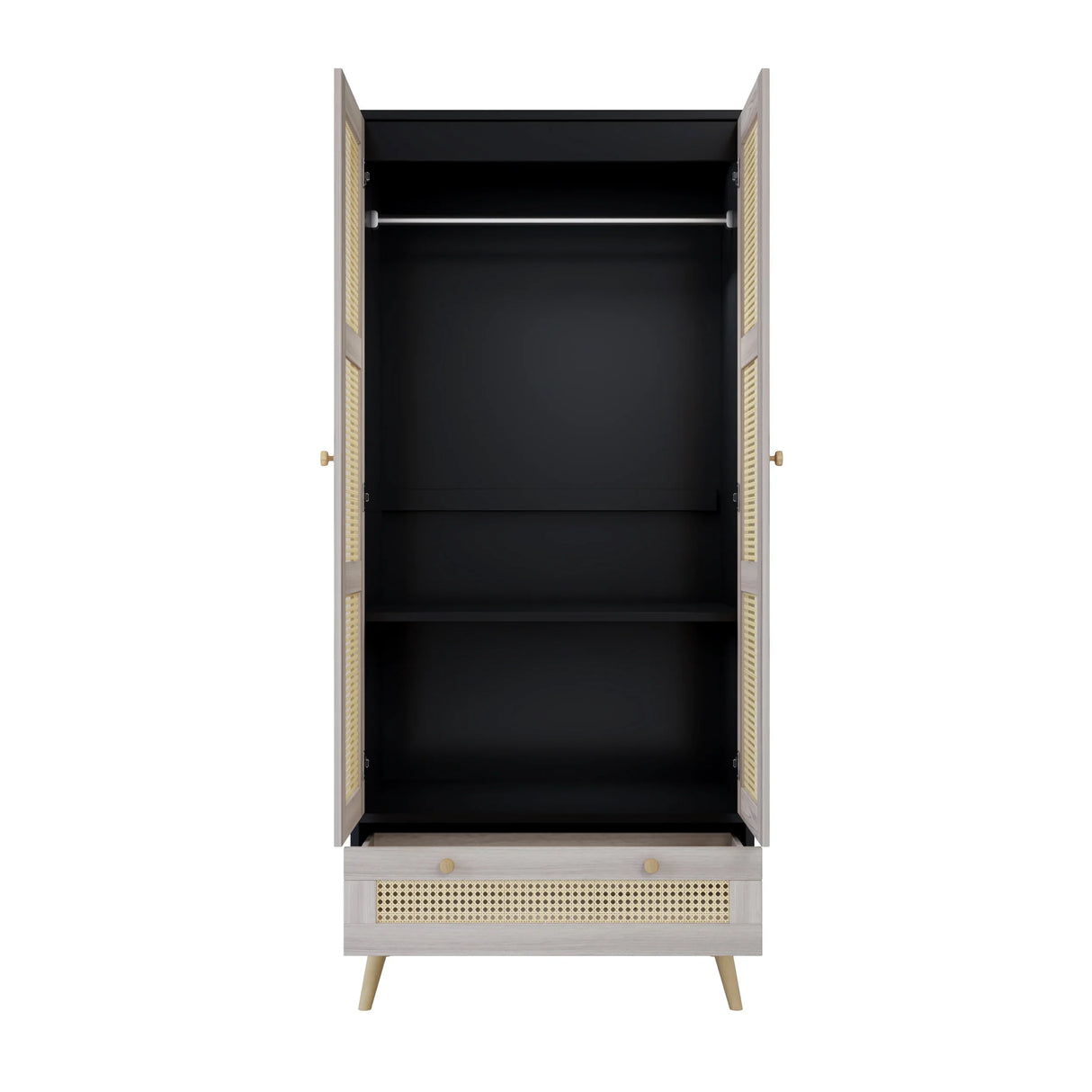 Wardrobe With 2 Rattan Doors And Drawer Natural Black - Furniture Home Direct