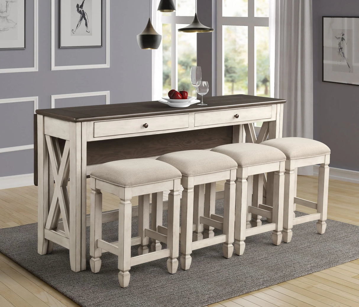 Drop Leaf Table With 4 Stools - Antique White - Furniture Home Direct