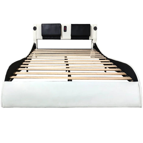 Upholstered Platform Bed Frame With LED Lighting, Bluetooth Connection To Play Music Control, Backrest Vibration Massage, Curve Design, Wood Slat Support, Exhibited Speakers - Furniture Home Direct