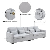Upholstered Sofa With Console, 2 Cupholders And 2 USB Ports Wired Or Wirelessly Charged, Modern Linen Fabric Couches With 4 Pillows For Living Room, Apartment (4-Seat) - Furniture Home Direct