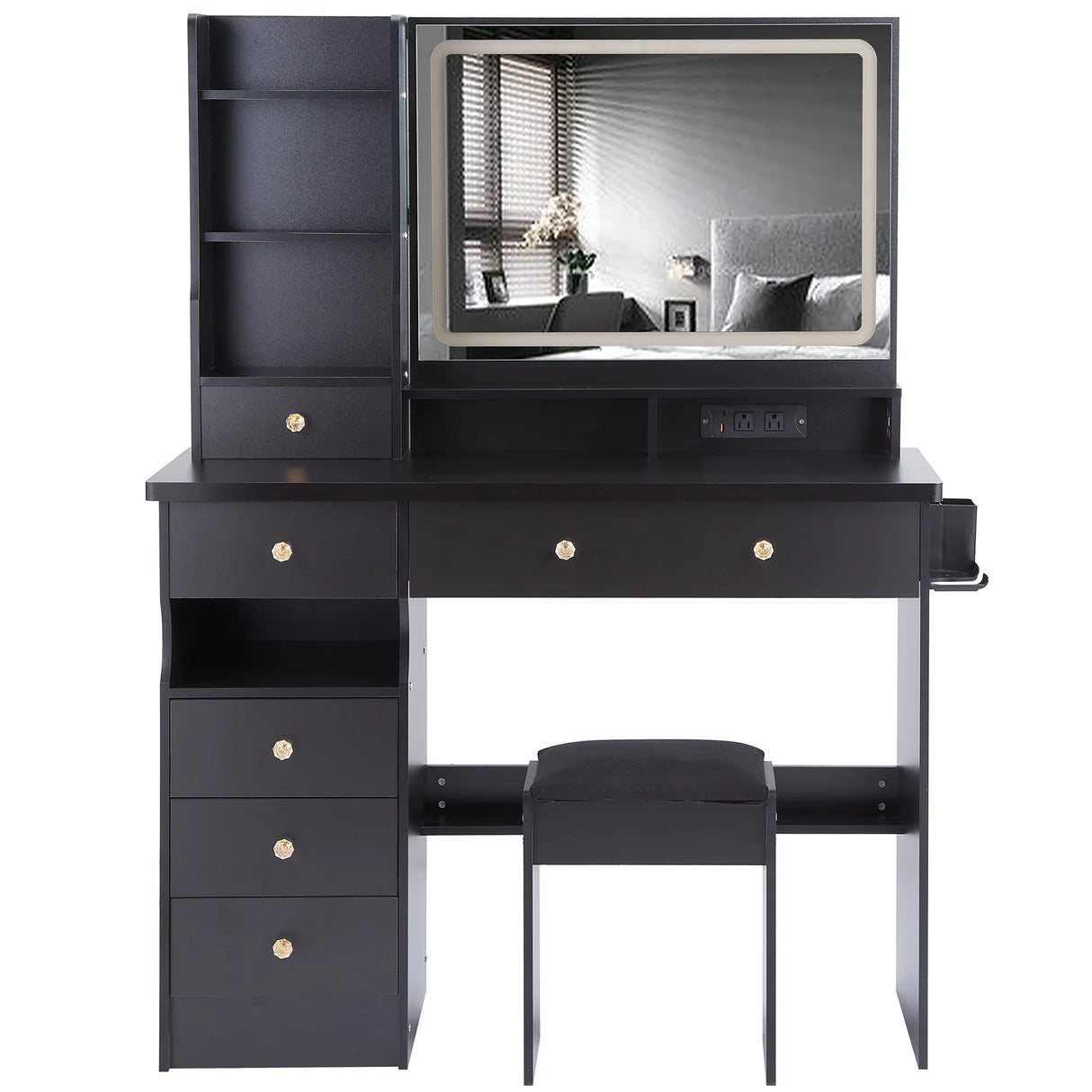 Vanity Desk With Cushioned Stool And Mirror Set Black - Furniture Home Direct