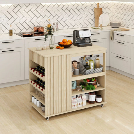 Kitchen Island Cart, Rolling Serving Utility Trolley Cart Modern Kitchen Island With Storage Drawer Wine Rack Lockable Casters, Kitchen Cart For Kitchen, Dining Room, Bar Living Room - Natural - Furniture Home Direct