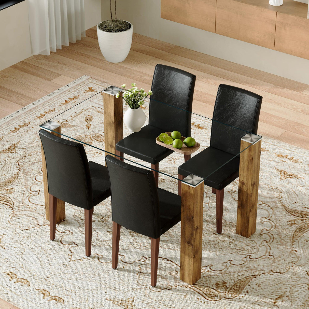 Dining Set Glass Top Table With PU Leather Chairs Black - Furniture Home Direct
