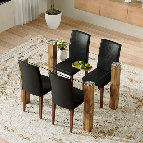 Dining Set Glass Top Table With PU Leather Chairs Black - Furniture Home Direct