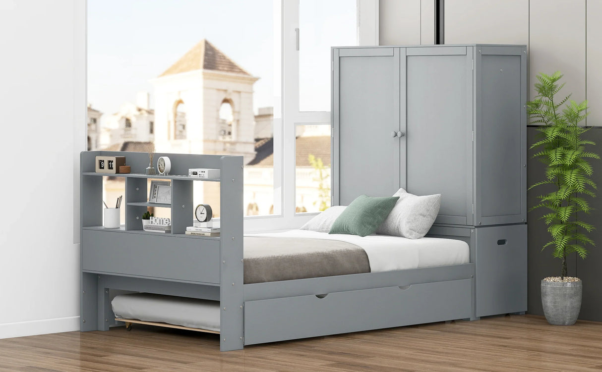 Twin Platform Bed With Storage Headboard Shelves Gray - Furniture Home Direct