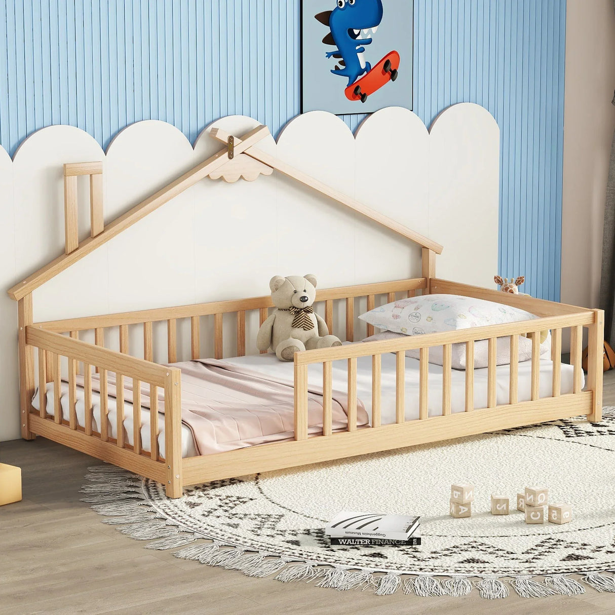 House-Shaped Bedside Floor Bed With Guardrails, Slats, Without Door - Furniture Home Direct