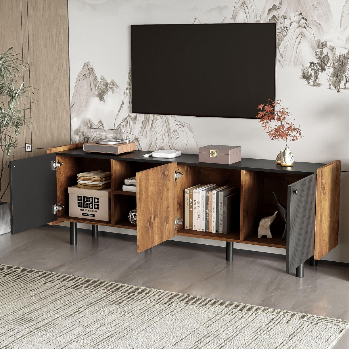 Mid Century TV Stand With 3 Cabinets, Media Console Table For Tvs Up To 70'', Entertainment Center With Storage For Living Room - Black / Brown - Furniture Home Direct