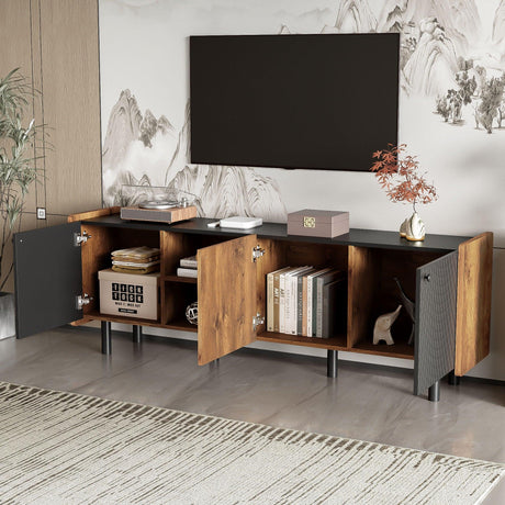 Mid Century TV Stand With 3 Cabinets, Media Console Table For Tvs Up To 70'', Entertainment Center With Storage For Living Room - Black / Brown - Furniture Home Direct