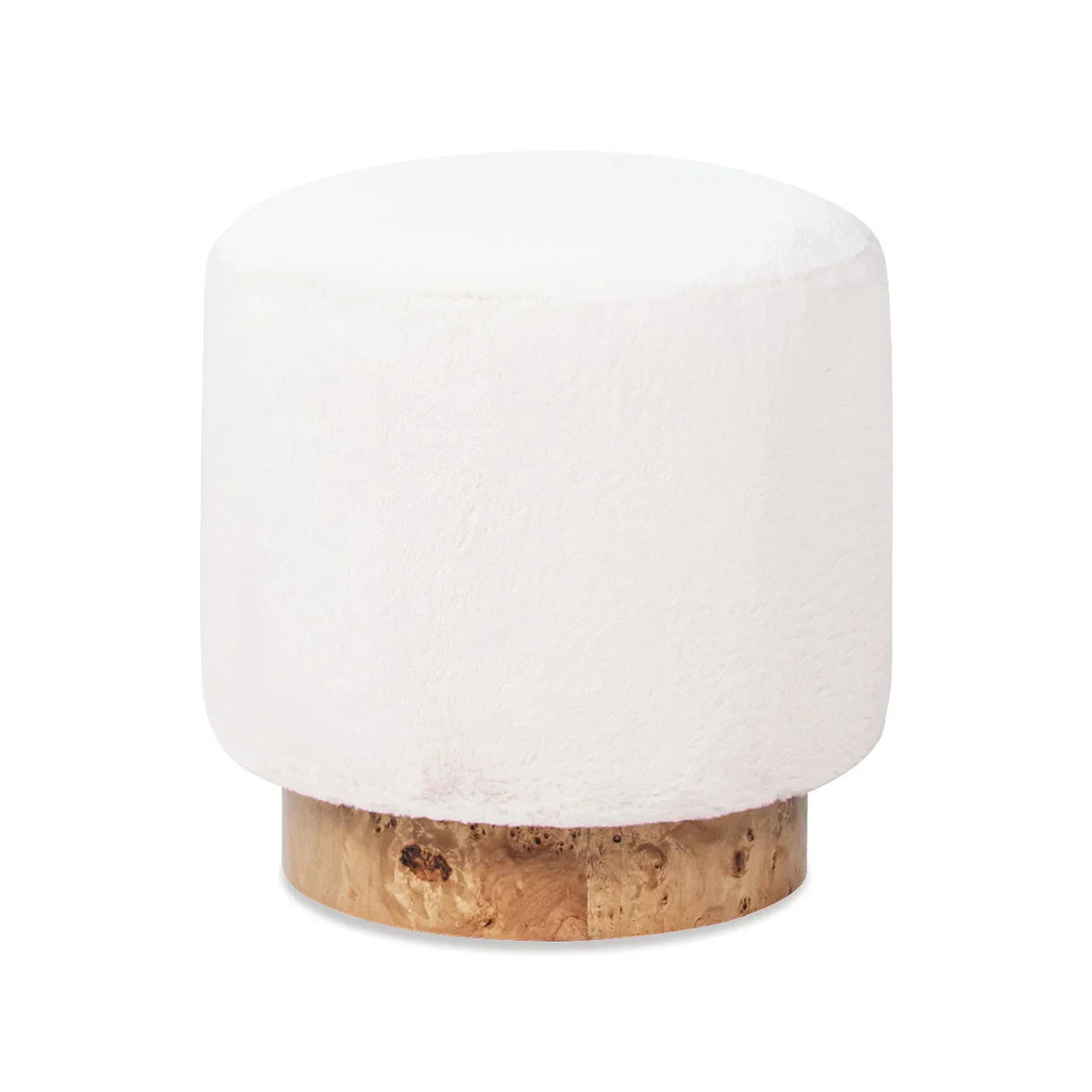 Tilly - Round Fur Upholstered / Burl Pouf Ottoman - White - Furniture Home Direct
