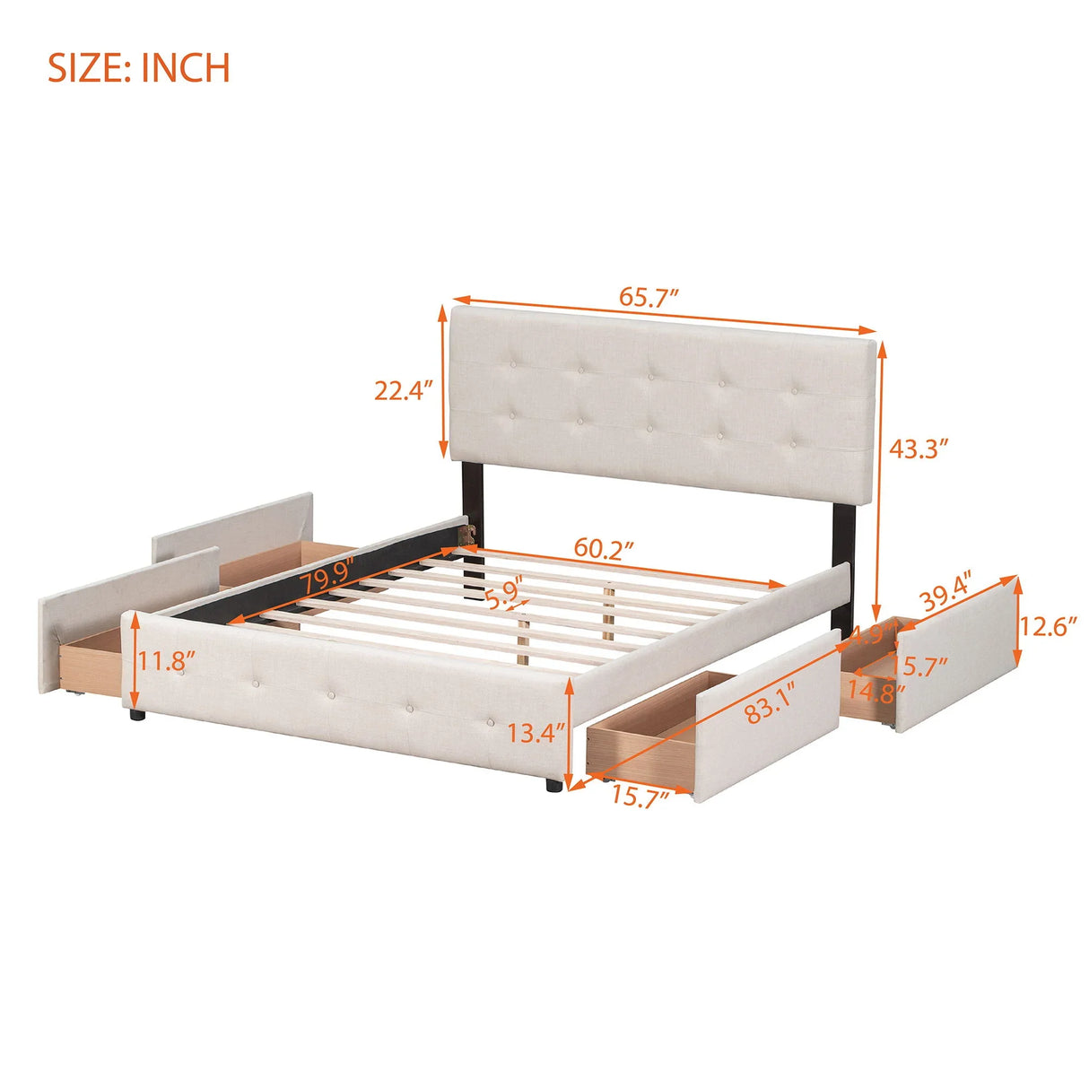 Upholstered Platform Bed With Classic Headboard And Drawers, No Box Spring Needed - Furniture Home Direct