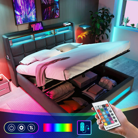 Upholstered Platform Bed With A Hydraulic Storage System, LED And USB Charging (Without Mattress) - Furniture Home Direct