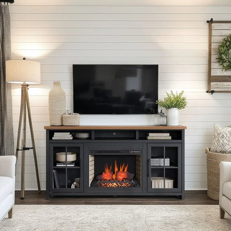 Essex - Fireplace TV Stand Console For TVs Up To 85" - Black, Whiskey - Furniture Home Direct