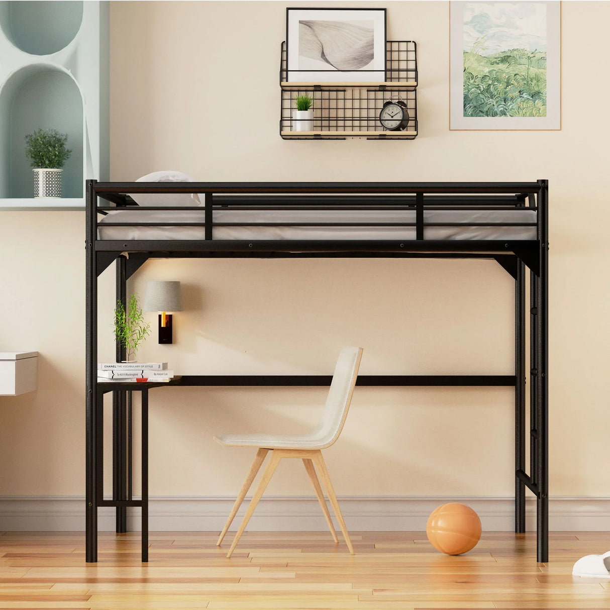 Twin Metal Loft Bed With Desk, Ladder And Guardrails, Bookdesk Under Bed - Black - Furniture Home Direct