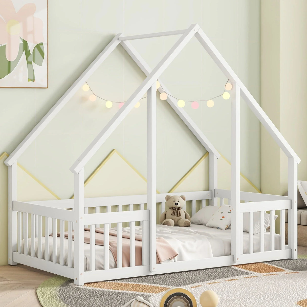 Wood House-Shaped Floor Bed With Fence, Guardrails - Furniture Home Direct