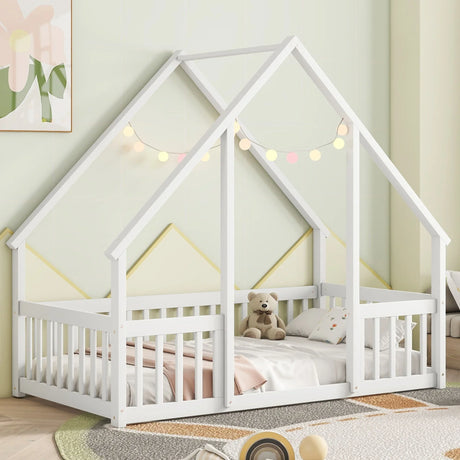 Wood House-Shaped Floor Bed With Fence, Guardrails - Furniture Home Direct