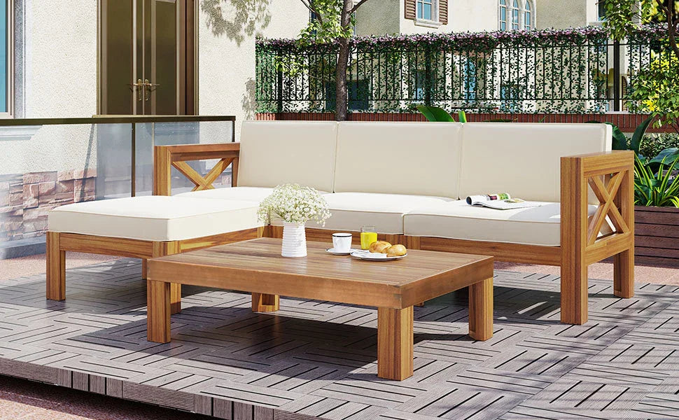 Outdoor 5-Piece Sectional Set with Cushions, Natural Finish+ Beige Cushions - Furniture Home Direct