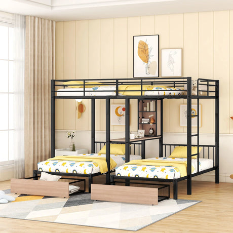 Triple Bunk Bed With Drawers, Multi-Functional Frame With Desks And Shelves In The Middle - Furniture Home Direct