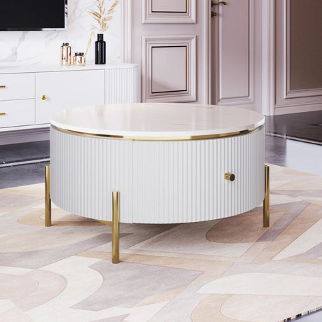 Round Coffee Table with Drawers and Gold Accents White - Furniture Home Direct