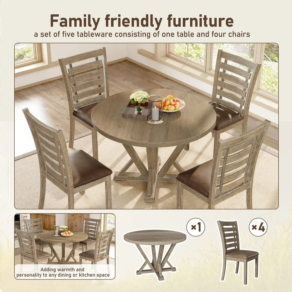 Modern Farmhouse Round Dining Table Solid Wood Rubberwood Antique Finishing Rustic Look Distressed Look Wire Brushed For 4 Seaters - Grayish Brown - Furniture Home Direct
