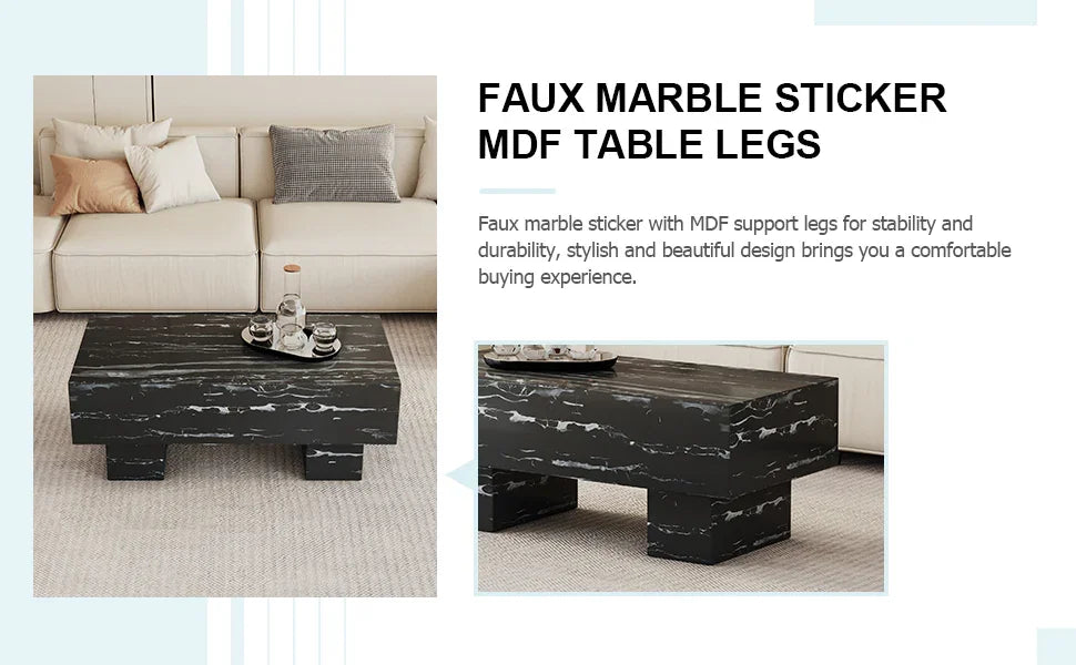 Coffee Table Modern Marble Texture With Block Base Black - Furniture Home Direct