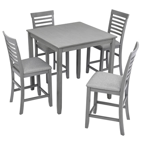 5 Piece Dining Table Set, Wooden Dining Square Table Set For 4, Counter Height Kitchen Table Set With Square Table And 4 Upholstered Chairs - Gray - Furniture Home Direct