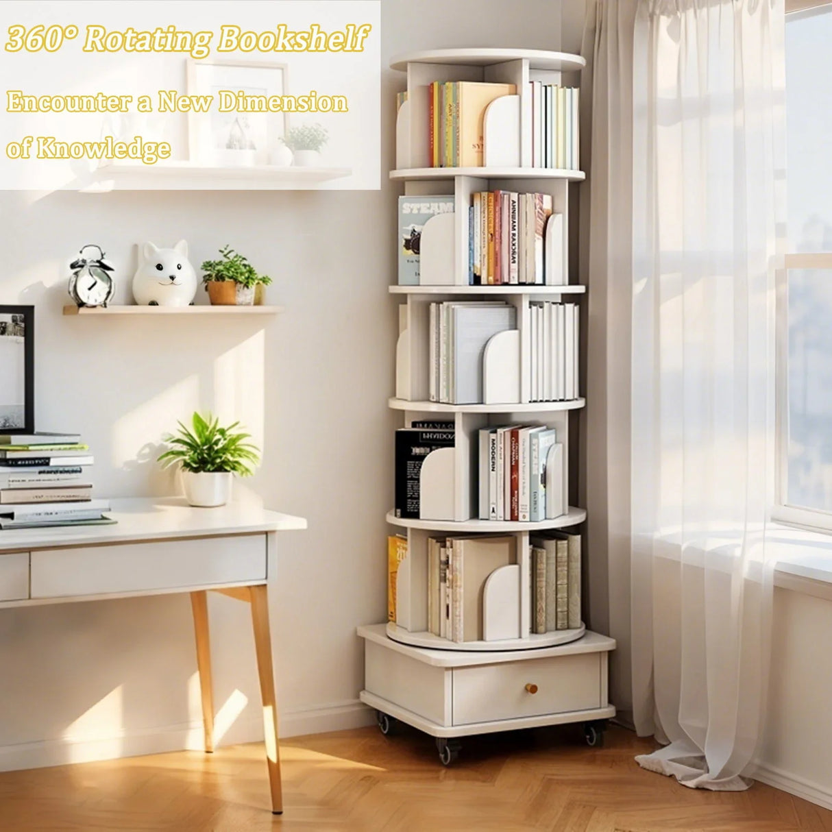 Rotating Bookshelf With Wheels And Drawer, 360° Spinning Design, Space Saving Storage - Furniture Home Direct