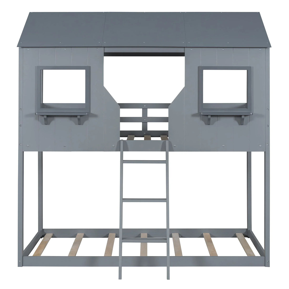 Twin Over Twin Bunk Bed With Roof, Window, Guardrail, Ladder - Furniture Home Direct