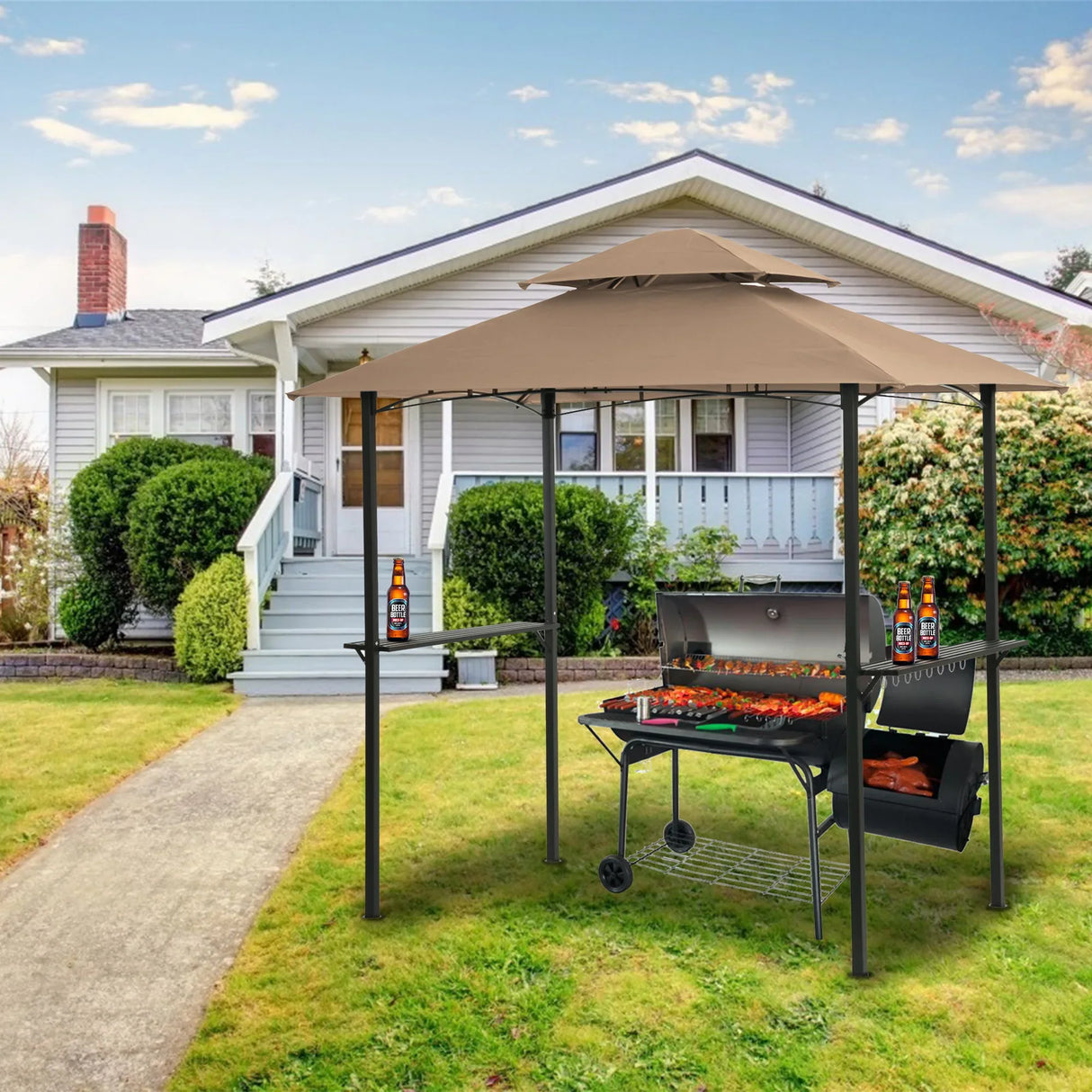 Outdoor Grill Gazebo With Double Tier Soft Top Canopy, Steel Frame, Bar Counters & Hook - Furniture Home Direct