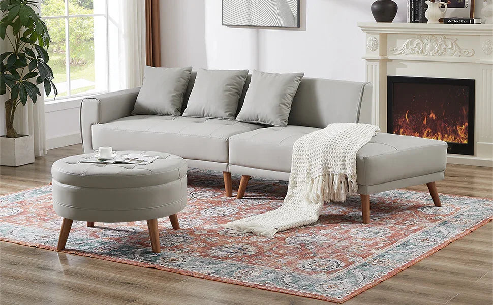 107 Inch Contemporary Sofa With Round Storage Ottoman Grey - Furniture Home Direct