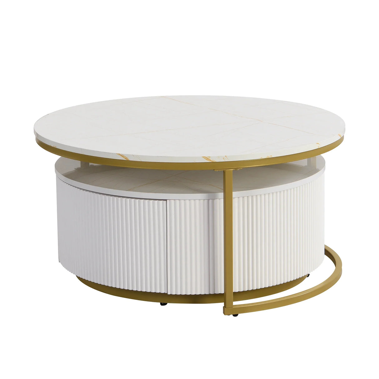 Round Nesting Coffee Table Fluted Drawer Gold and White - Furniture Home Direct